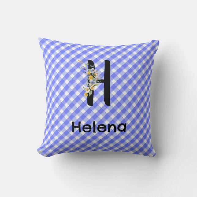 Coussin Fleur aquarelle à motif gingham bleu monogramme (Recto)
