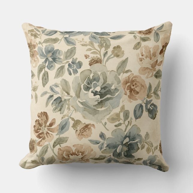Coussin Fleur aquarelle bleu antique brun sage beige (Recto)