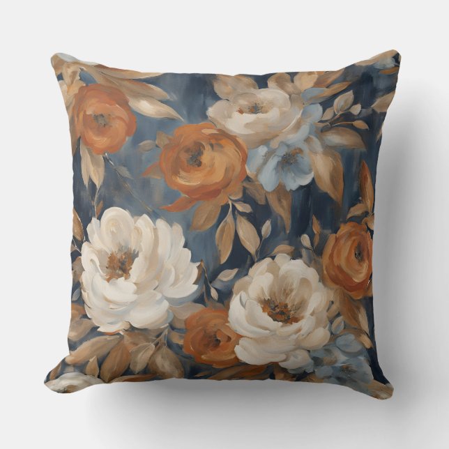 Coussin Fleur aquarelle bleu marine orange brûlé (Recto)