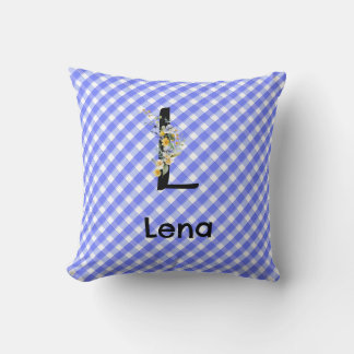 Coussin Fleur aquarelle monogramme motif gingham bleu