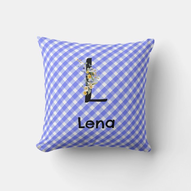 Coussin Fleur aquarelle monogramme motif gingham bleu (Recto)