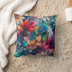 Coussin Fleur aquarelle teinte sarcelle orange bleu violet