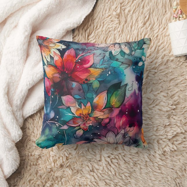Coussin Fleur aquarelle teinte sarcelle orange bleu violet (Couverture)
