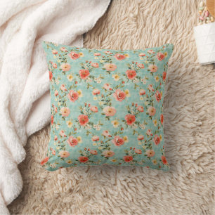 Coussin Fleur aquarelle vintage shabby chic bleu rose