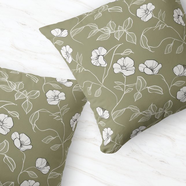 Coussin Fleur blanche d'art en ligne de florale vert olive (Minimal Olive Green Floral Line Art White Flower Throw Pillow)