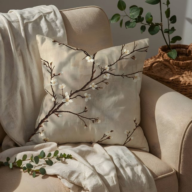 Coussin Fleur Blanche Élégante Branche Minimaliste (Créateur téléchargé)