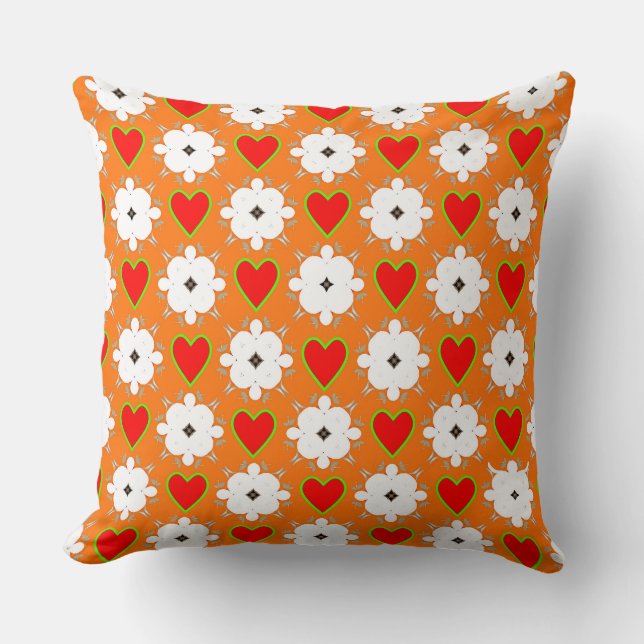 Coussin Fleur blanche et coeur rouge sur orange foncé (Recto)
