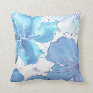 Coussin - fleur bleue de ketmie - aquarelle