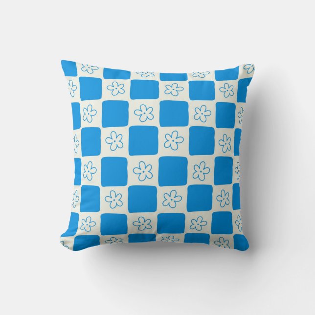 Coussin Fleur bleue Preppy À damiers Motif (Recto)