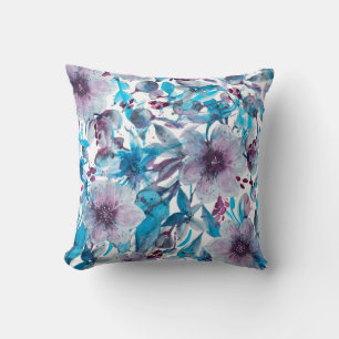 Coussin Fleur Blu Floral aquarelle violet et bleu