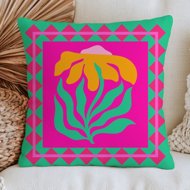 Coussin Fleur BOHO sur floral rétro rose fuchsia et vert (Créateur téléchargé)