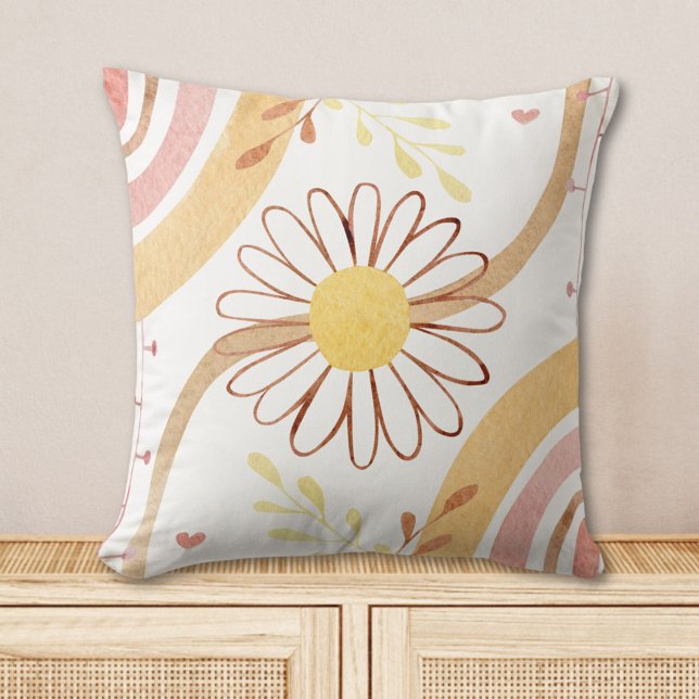 Coussin Fleur botanique abstraite aquarelle et arc-en-ciel (In situ)