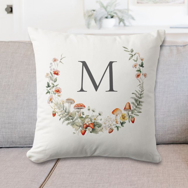 Coussin Fleur botanique aquarelle fantaisiste Monogramme  (In situ)