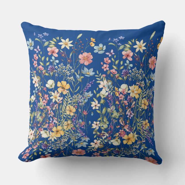 Coussin Fleur botanique bleu cobalt (Recto)