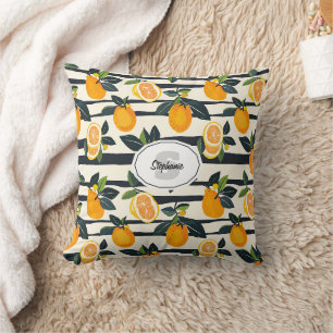 Coussin Fleur botanique de fruit d'agrumes rayée de crème 