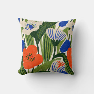 Coussin Fleur botanique orange et bleu gras