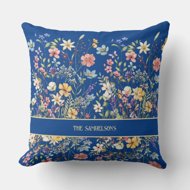 Coussin Fleur botanique personnalisée bleu cobalt (Recto)