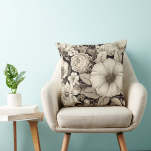Coussin Fleur botanique sépia de l'Académie sombre