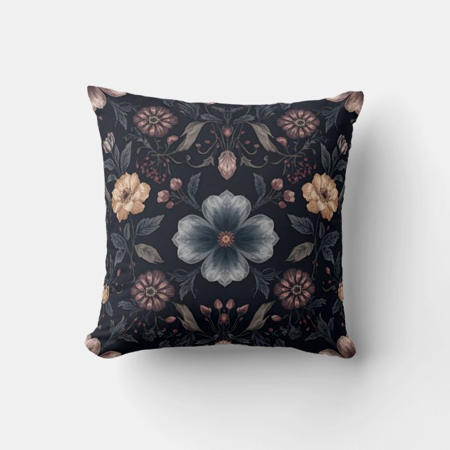 Coussin Fleur botanique sombre de minuit  (Recto)