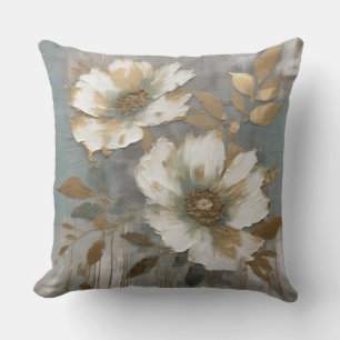 Coussin Fleur Contemporain Bleu Poussiéreux Clair Or Blanc