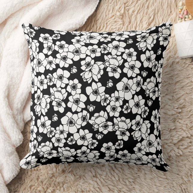 Coussin Fleur d'anémone noir et blanc (Couverture)