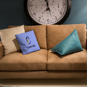 Coussin Fleur d'aquarelle de monogramme en vichy motif ble
