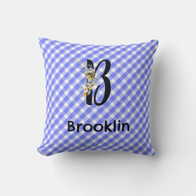 Coussin Fleur d'aquarelle de monogramme en vichy motif ble (Recto)
