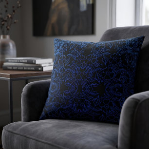 Coussin Fleur de Baroque Bleu Royal sur Fond Noir