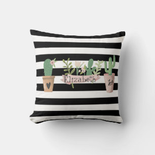 Coussin Fleur de cactus rayures noir et blanc