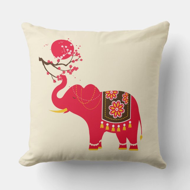 Coussin Fleur de cerise japonaise avec éléphant rouge (Recto)