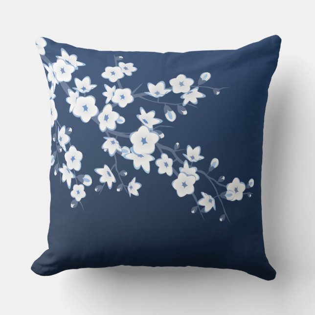 Coussin Fleur de cerisier bleu marine blanc floral (Recto)