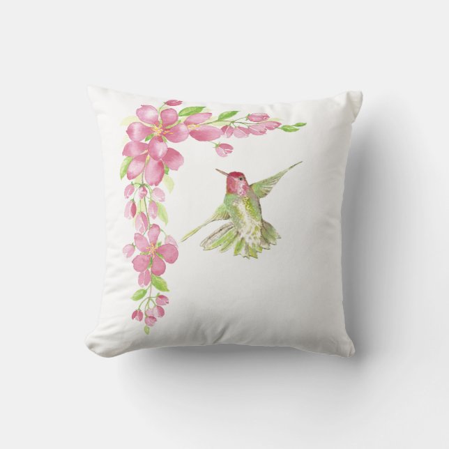 Coussin Fleur de cerisier d'aquarelle et colibri (Recto)