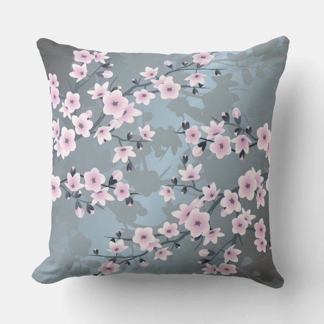 Coussin Fleur de Cerisier Rose Pâle Bleu Grisâtre Floral (Recto)