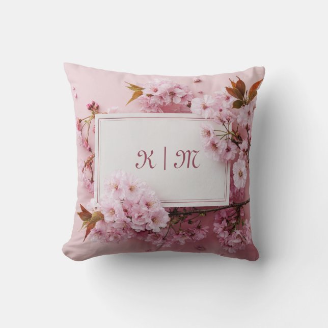 Coussin Fleur de cerisier rose romantique et feuille de br (Recto)