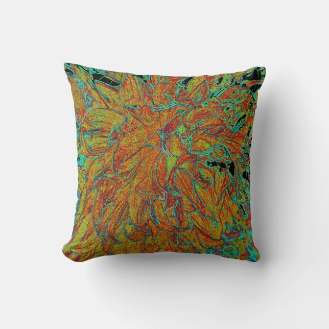 Coussin Fleur de dahlia abstraite orange brûlé et verte (Recto)