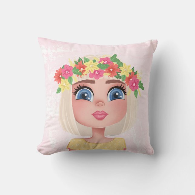 Coussin Fleur de dessin fille sur rose (Recto)
