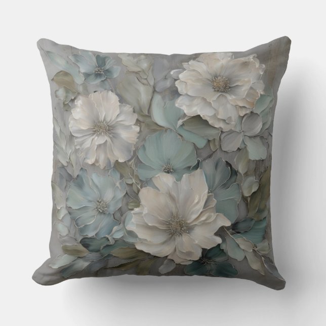 Coussin Fleur de ferme au bleu gris sage doux (Recto)