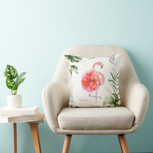 Coussin Fleur de Flamant Rose, Feuille de Palmier