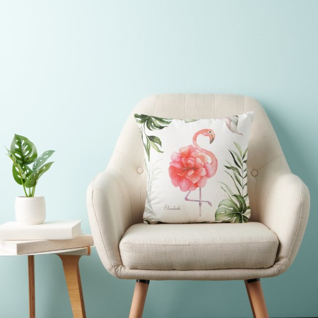 Coussin Fleur de Flamant Rose, Feuille de Palmier (Chaise)