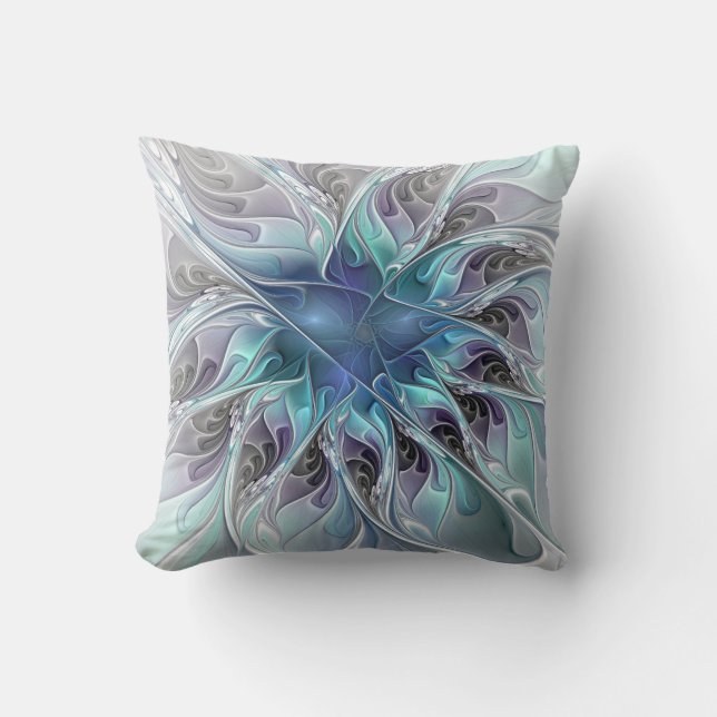 Coussin Fleur de fractale moderne abstraite avec du bleu (Recto)