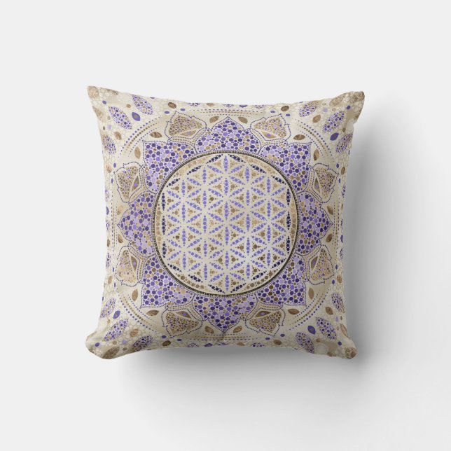 Coussin Fleur de la vie Dot Art Pastels, violets et or (Recto)