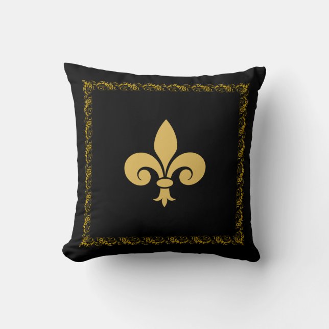 Coussin Fleur de Lis dorée avec cadre floral sur fond noir (Recto)