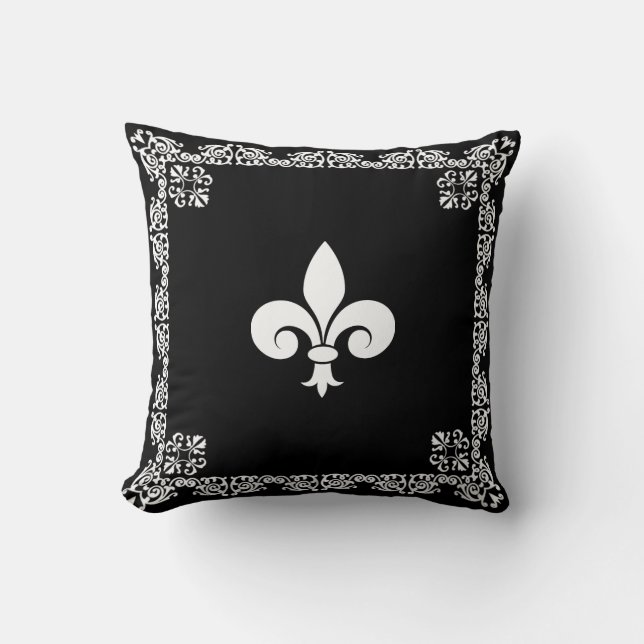 Coussin Fleur de Lis en blanc & Cadre en noir (Recto)