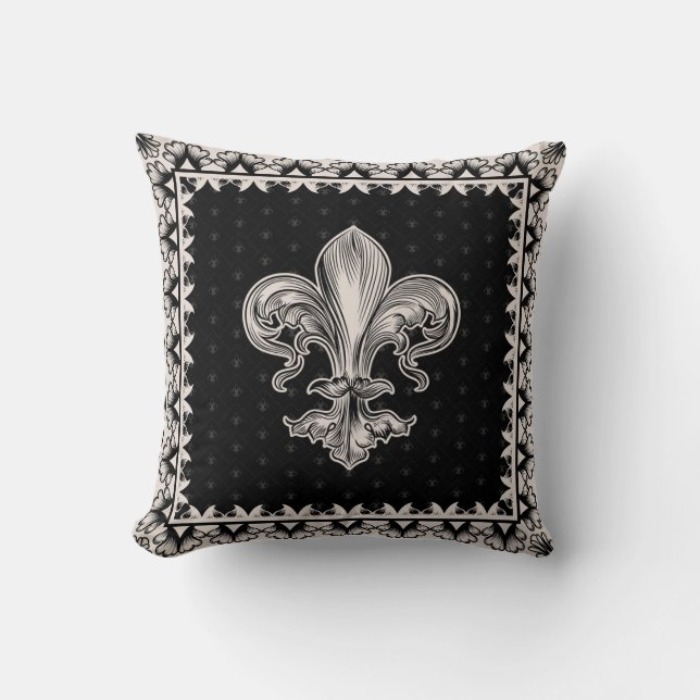 Coussin Fleur de lis - Noir et Crème (Recto)