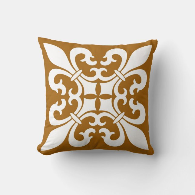 Coussin Fleur de lis Symbols dans le blanc sur le caramel (Recto)