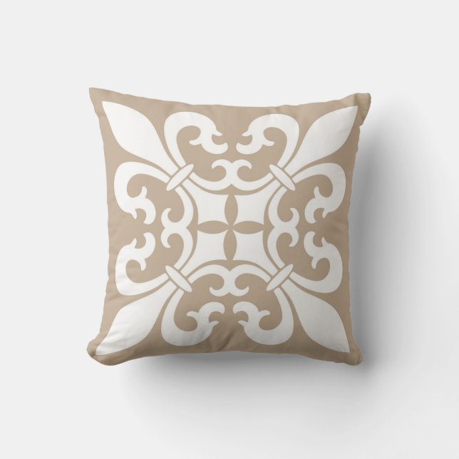 Coussin Fleur de Lis Symbols dans le blanc sur Tan (Recto)