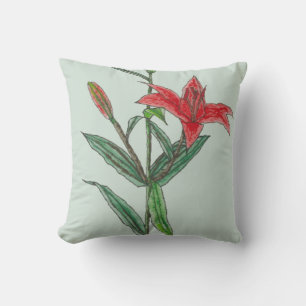Coussin Fleur de lis Tiger Lily orange rouge sur fond bleu