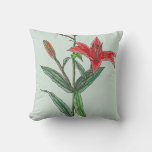 Coussin Fleur de lis Tiger Lily orange rouge sur fond bleu