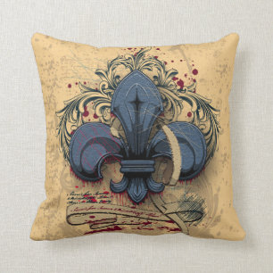 Coussin Fleur de lis vintages effets de grunge en métal bl