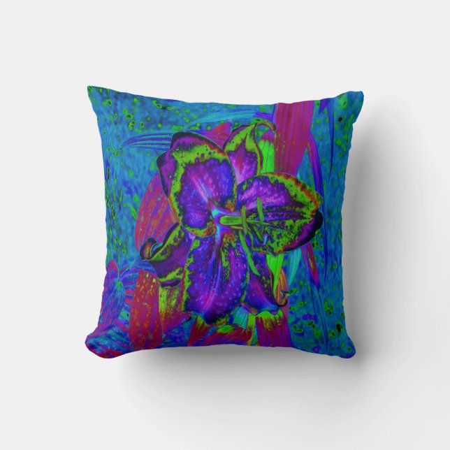 Coussin Fleur de Lys Violette et Verte Lime Psychédélique (Recto)